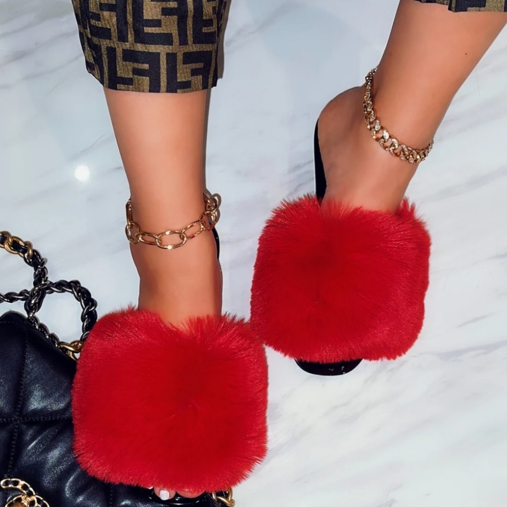 ❤Just In ❤ FUR JELLY SLIDES- RED